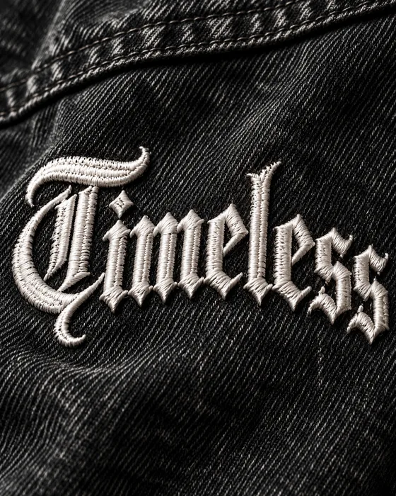 Detalle de la caligrafía «Timeless» bordada en blanco sobre denim negro lavado